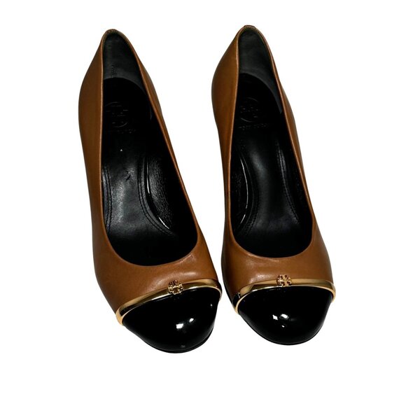 Tory Burch Womens 7.5 Pacey Wedge Pump Shoe Cap Toe Tan Leather - Picture 7 of 11